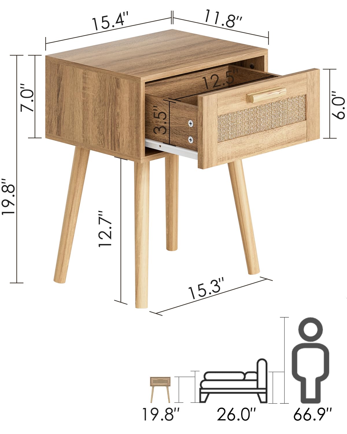 Aienvey Rattan Nightstand, Small Night Stand, Side Table with Drawer Open Shelf, Cane Accent Bedside End Table with Wood Legs, Bohemian Wood Nightstand for Bedroom, Oak (Bohemian) Aienvey