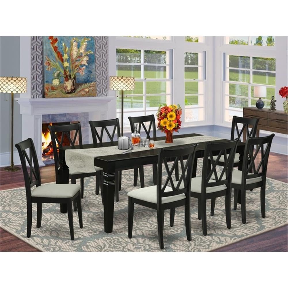 East West Furniture LGCL9-BLK-C 9 Piece Dining Room Table Set Includes a Rectangle Kitchen Table with Butterfly Leaf and 8 Linen Fabric Upholstered Dining Chairs, 42x84 Inch, Black East West Furniture