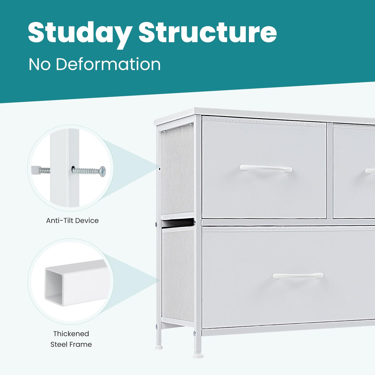 OLIXIS 5 Drawer Dresser Nightstand Classic White, Wooden Top Metal Frame Fabric Storage Organizer for Bedroom Living Room Entryway, Wide TV Stand Closet Chest Furniture OLIXIS
