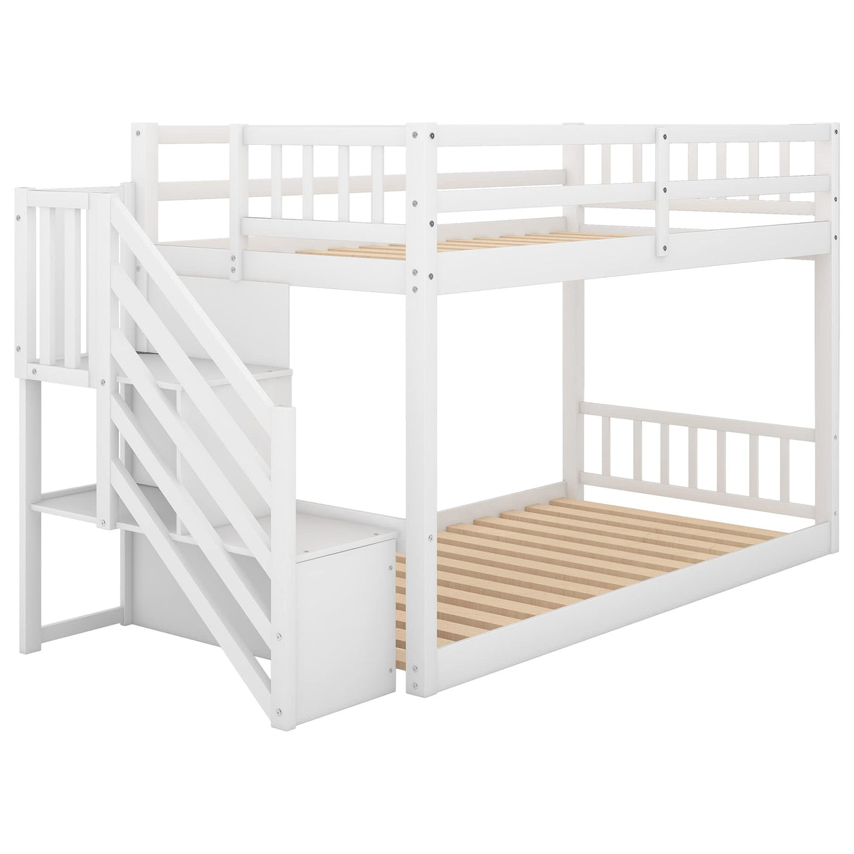 Harper & Bright Designs Low Bunk Beds Twin Over Twin Size, Solid Wood Bunk Bed with Storage and Guardrail for Kids and Toddler Harper & Bright Designs
