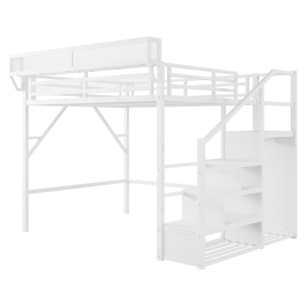 FEIOMKSS Queen Size Loft Bed with Stairs and Storage Metal Loft Bed Frame with Bedside Shelf and Large Under-Bed Space, Heavy-Duty Bed for Adults (White+Iron, Queen) FEIOMKSS