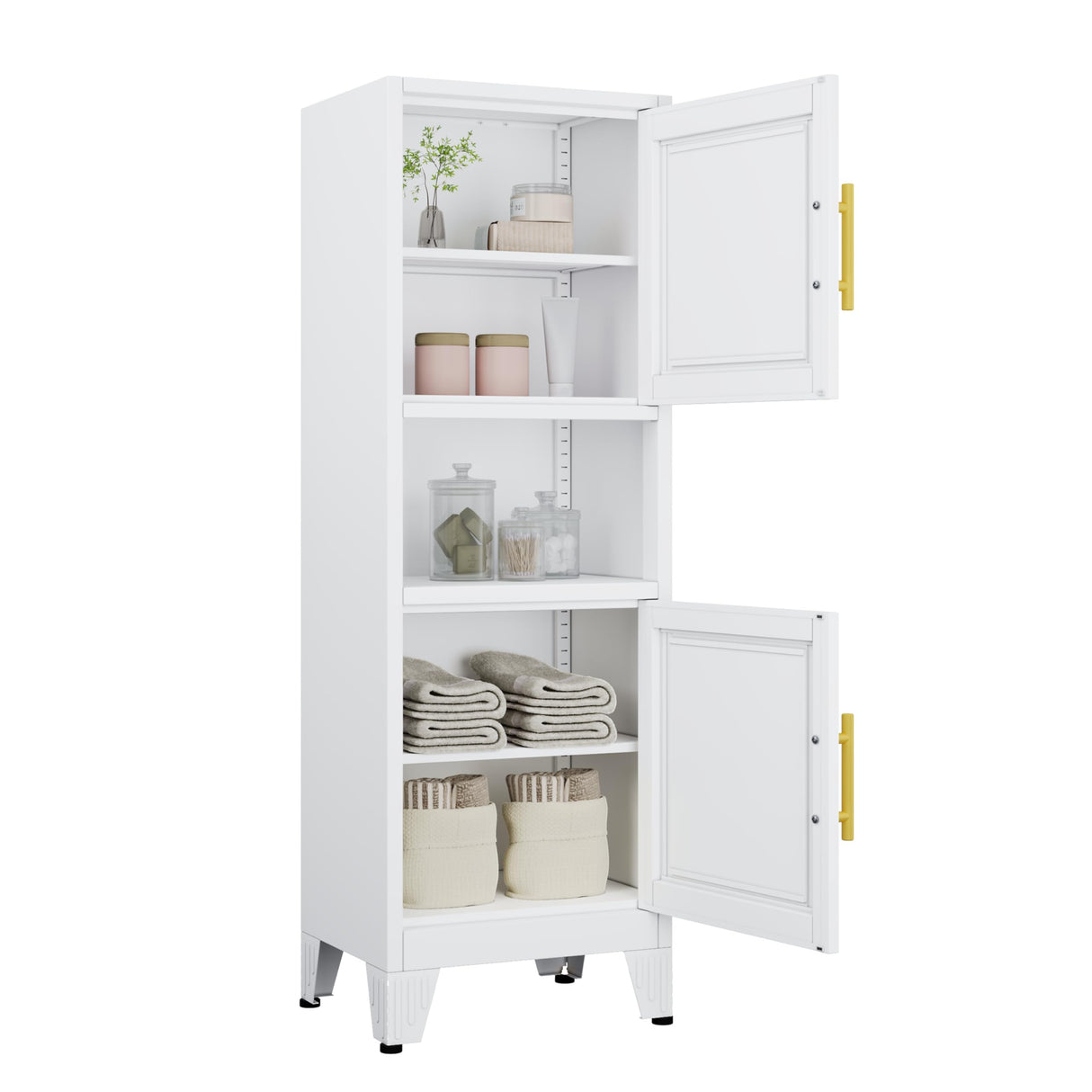 RISTERN 48" Metal Bathroom Storage Cabinet, Kitchen Pantry Storage Cabinet with 2 Doors and Adjustable Shelves, Steel Corner Floor File for Bathroom, Living Room, White, 11.81"D x 15.75"W x 47.64"H RISTERN
