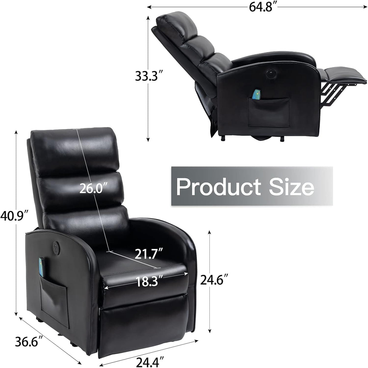 AVAWING Power Lift Recliner Chair for Elderly, PU Leather Electric Inclining Chair with Remote Control, Side Pocket and USB Port for Living Room & Bedroom, Black AVAWING