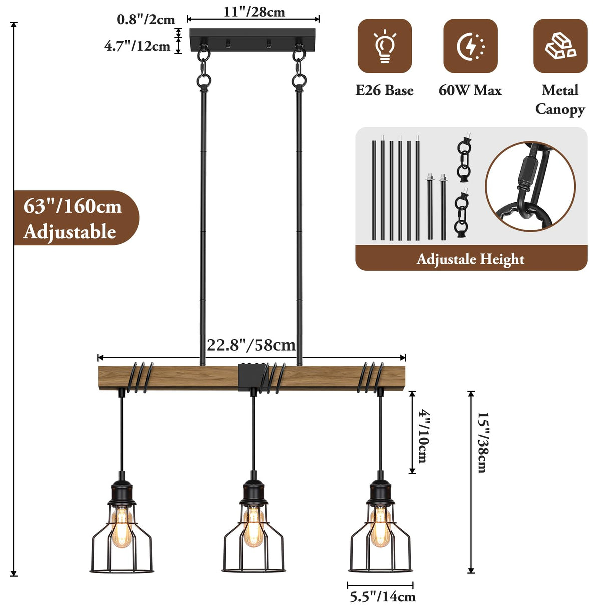 3-Light Kitchen Island Lighting, 63" Adjustable Height Pendant Light Fixtures Black Metal & Rustic Wood Modern Dining Room Linear Chandelier Over Table with E26 Base for Farmhouse Bar LuxiGlowra
