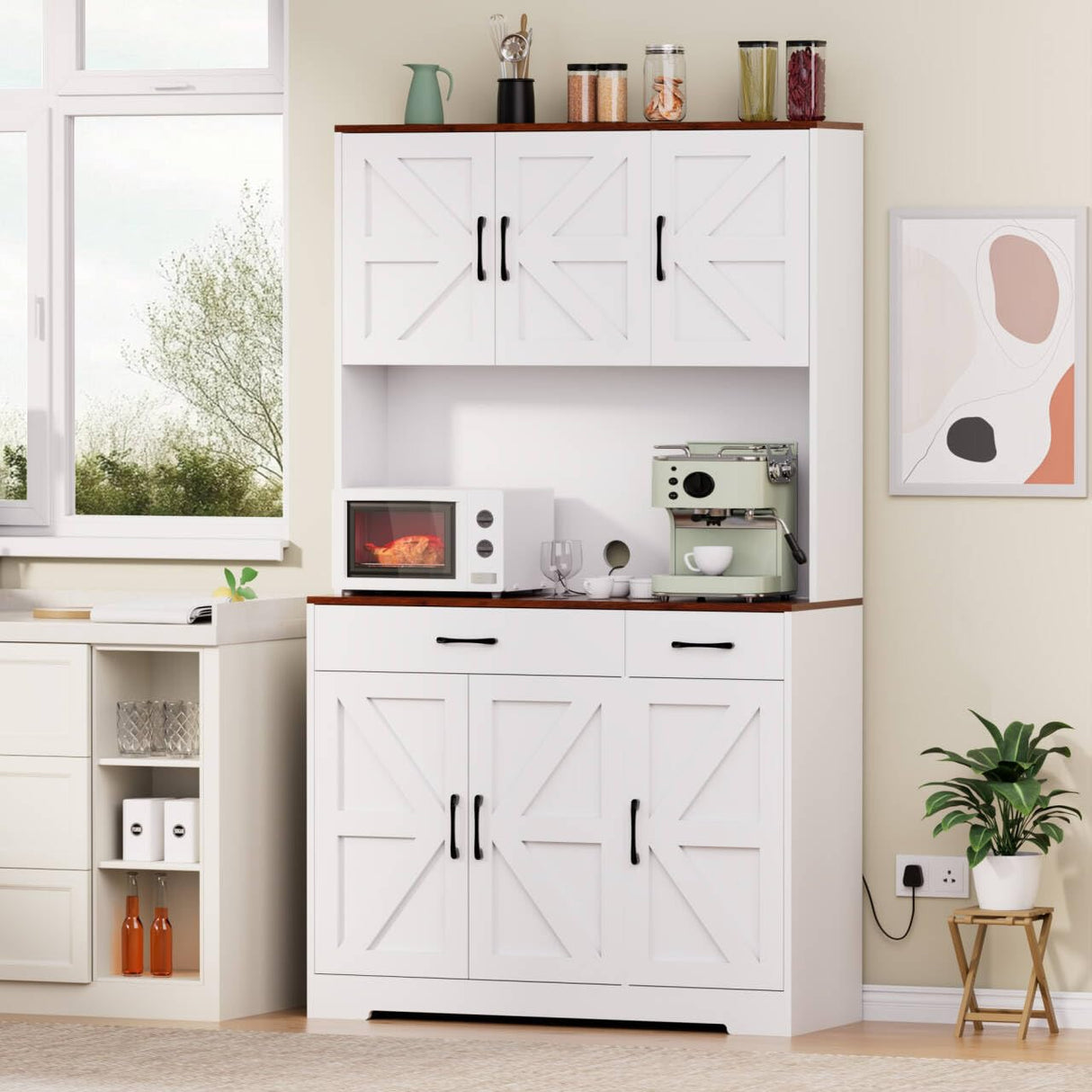 Azaeahom 71" Pantry Cabinet with Charging Station, Kitchen Storage Cabinet with Microwave Stand, 8-Zone Organization, 2 Smooth-Glide Drawers, Open Countertop for Dining, Kitchen, Living Room (White) Azaeahom