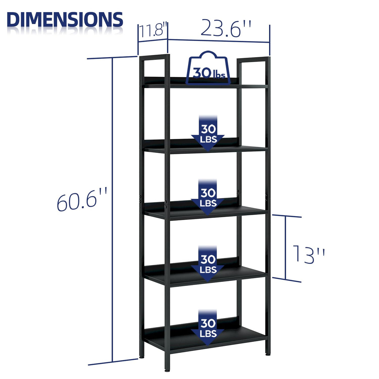 NUMENN Bookshelf, 5 Tier Bookshelves, Home Office Bookcase Shelf Storage Organizer, Free Standing Storage Shelving Unit for Bedroom, Living Room and Home Office, Black NUMENN
