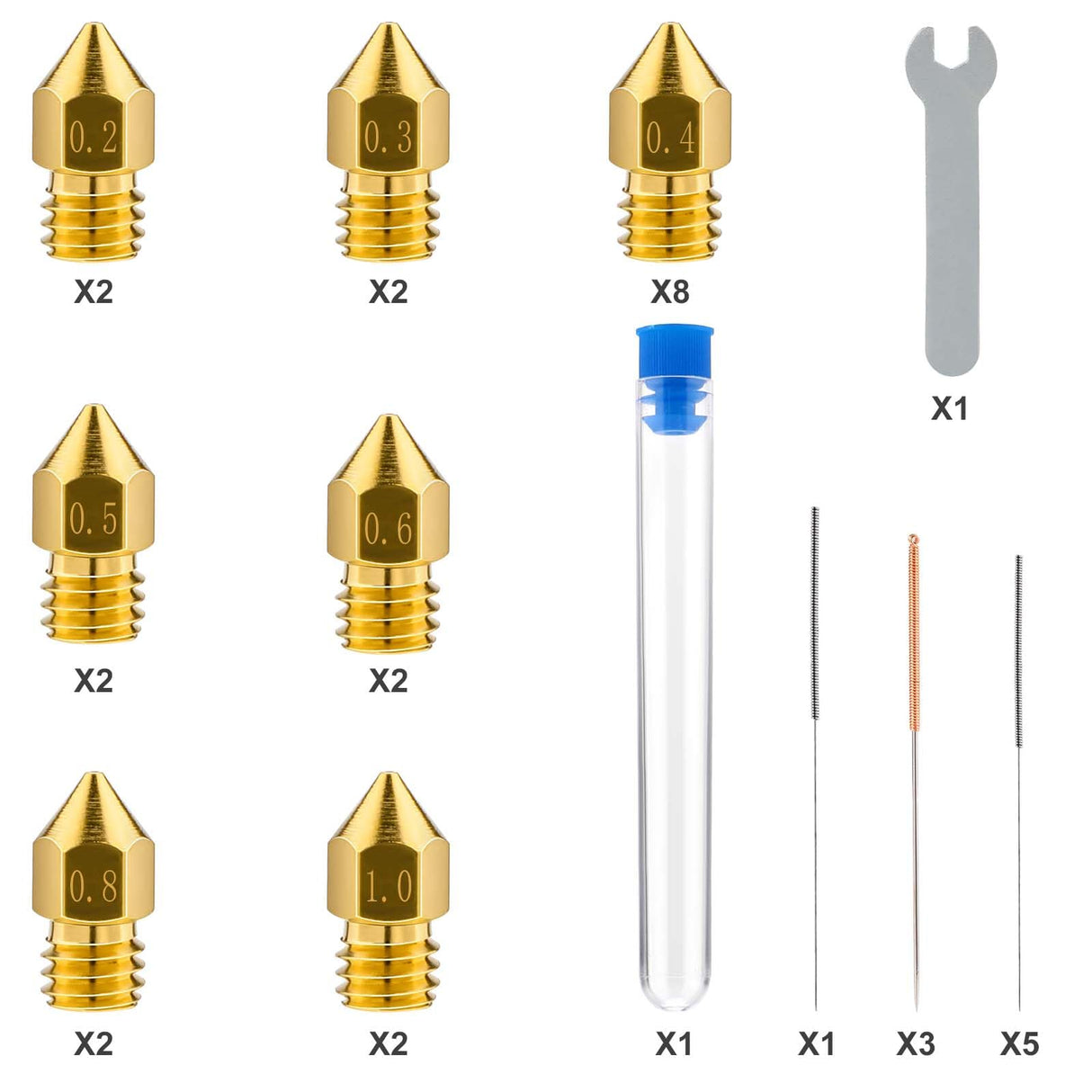 31pcs 3D Printer Nozzles, MK8 Nozzle Kit 0.2mm 0.3mm 0.4mm 0.5mm 0.6mm 0.8mm 1.0mm 3D Printer Brass Hotend Nozzles with Wrench Cleaning Tool Kit for Ender 3 Pro/V2 Extruder Printer Accessories Kit NQEUEPN