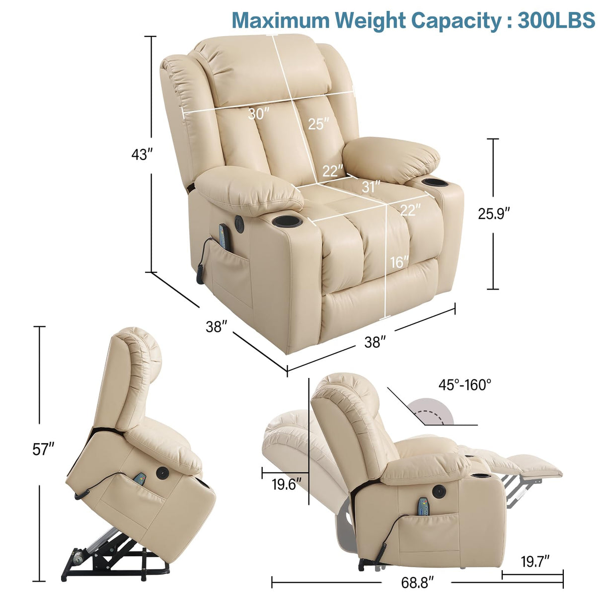 PARKOL Power Lift Recliner Chair for Elderly Breathable Leather Recliner Chair with Massage and Heat,2 Cup Holders,Electric Stand Assist,USB Ports,Gifts for Family (Beige) PARKOL