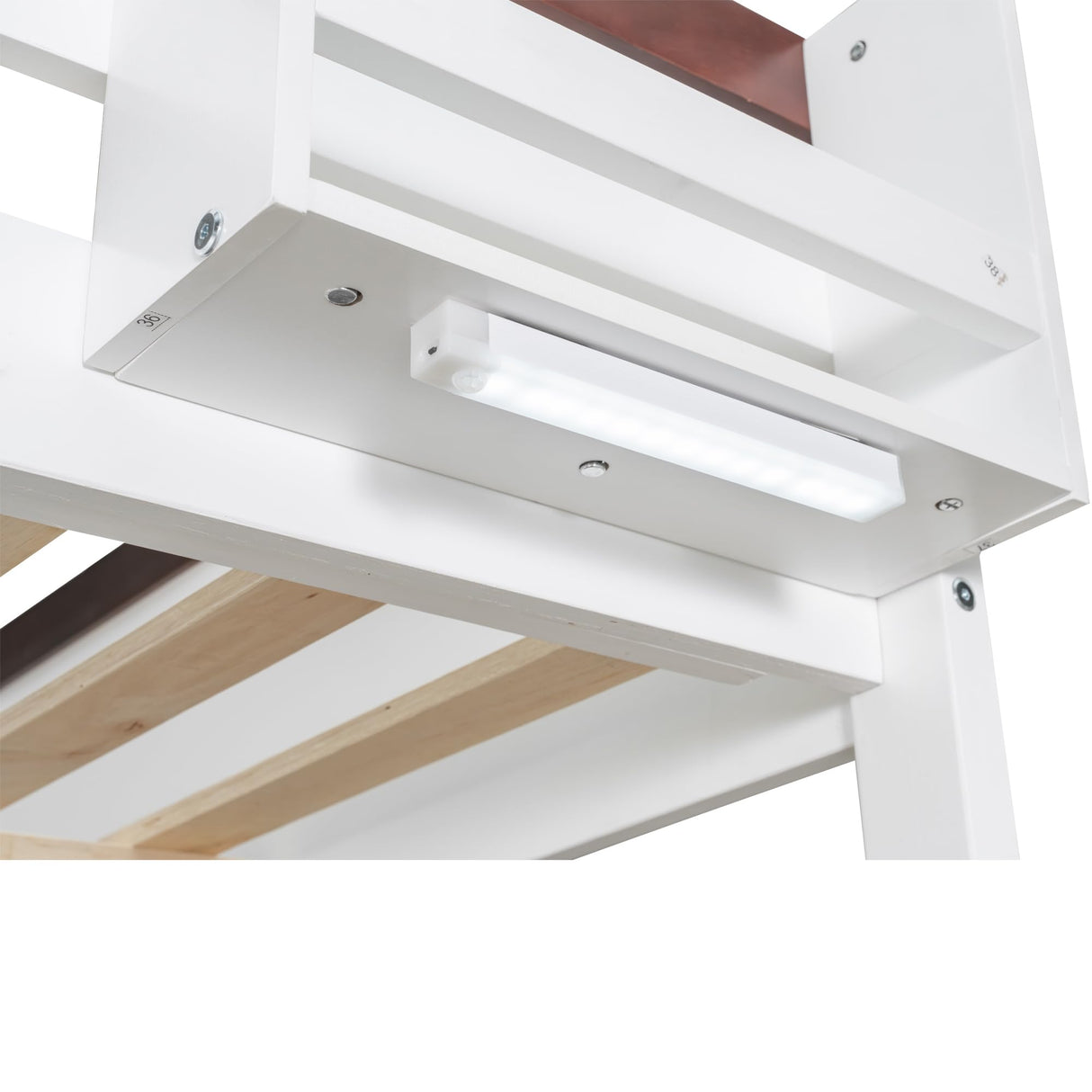 Merax Queen Over Queen Bunk Bed with Built-in Shelves for Teens Adults, Wood Bunk Bed with Light, USB Charging Station, No Box Spring Needed, White Brown Merax