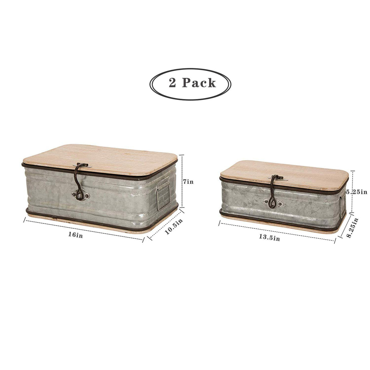 Glitzhome Decorative Galvanized Metal Boxes with Wood Lids, Set of 2 Storage Chests Small and Large Glitzhome