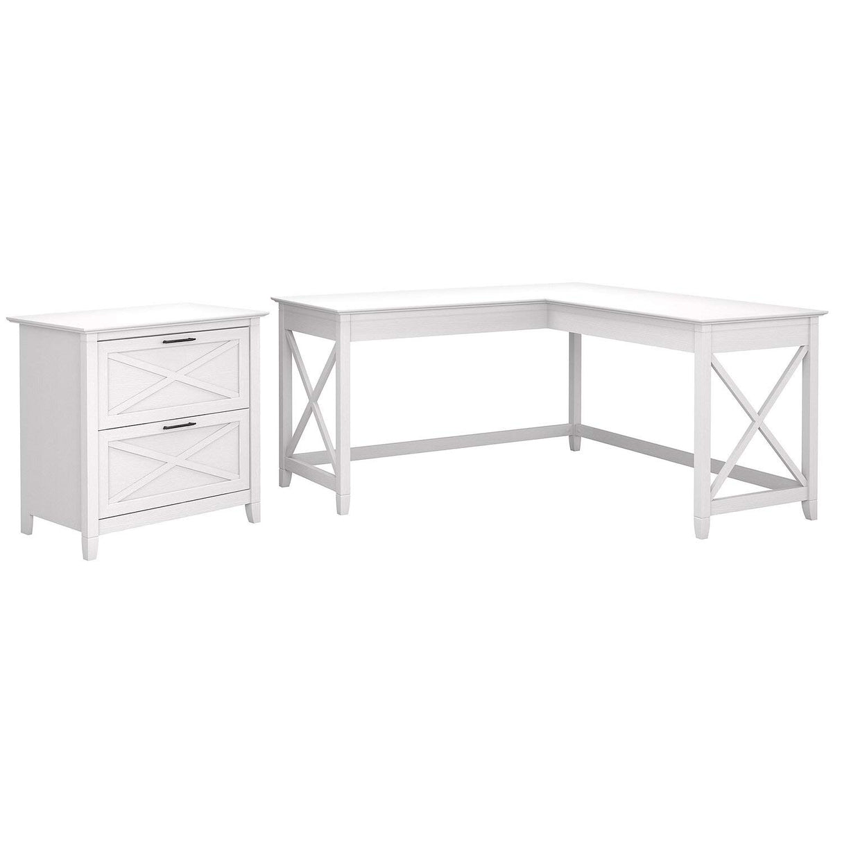 Bush Furniture Key West 60W L Shaped Desk with 2 Drawer Lateral File Cabinet in Pure White Oak Bush Business Furniture