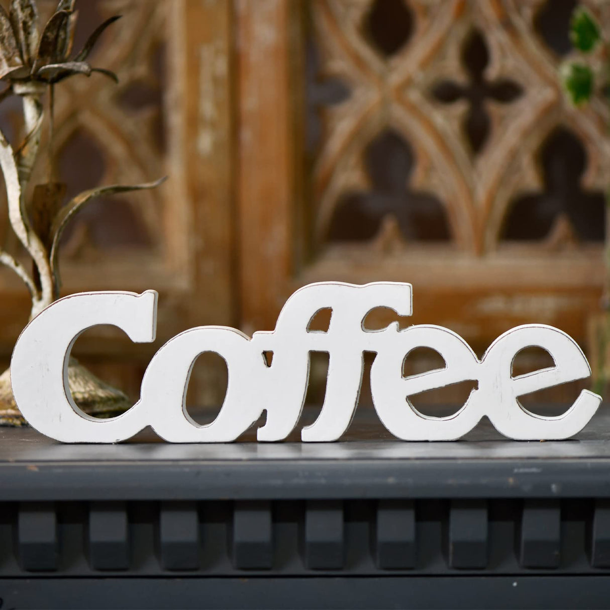 Sintosin Rustic Distressed White Coffee Sign for Tabletop 14", Wall Hanging Coffee Bar Sign Kitchen Decor, Farmhouse Coffee Signs for Coffee Bar, Coffee Wood Signs for Home Decor Shelf Christmas Sintosin