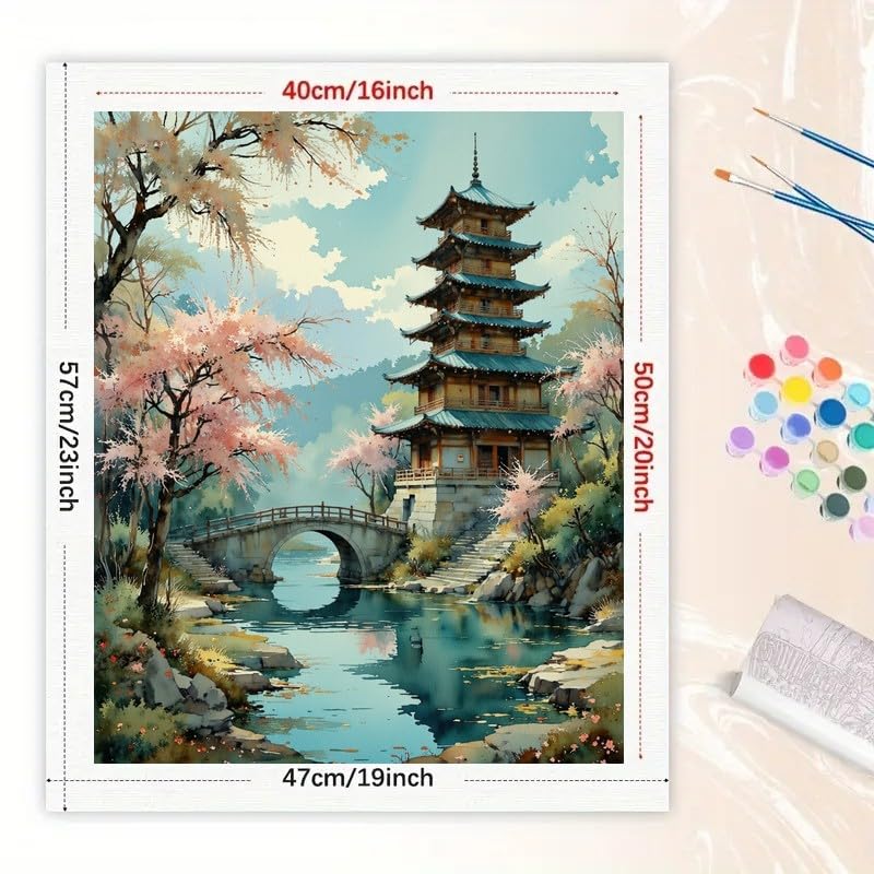 Cherry Blossom Pagoda Paint by Numbers Kit for Adults - DIY Chinese Garden and Bridge Scene Painting on Canvas 16x20 Inches, Acrylic Paint Set, Suitable for Beginners, Oriental Art for Home Decoration TAOPAOLAB