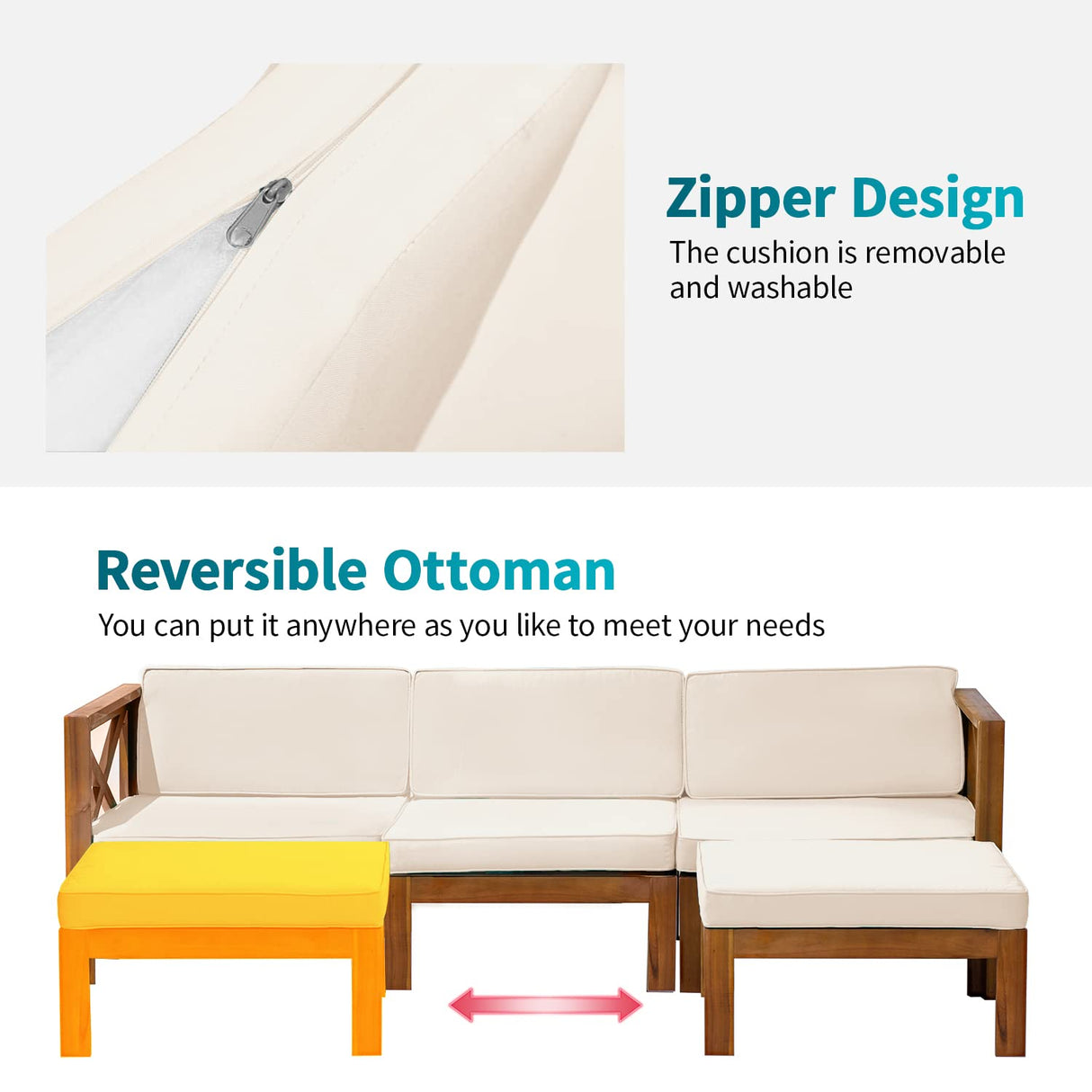 5-Piece Acacia Wood Outdoor Sofa Set Patio Bistro Set Furniture Outdoor Chat Conversation Table Chair Set with Water Resistant Cushions and Coffee Table for Beach Backyard Garden PayLessHere