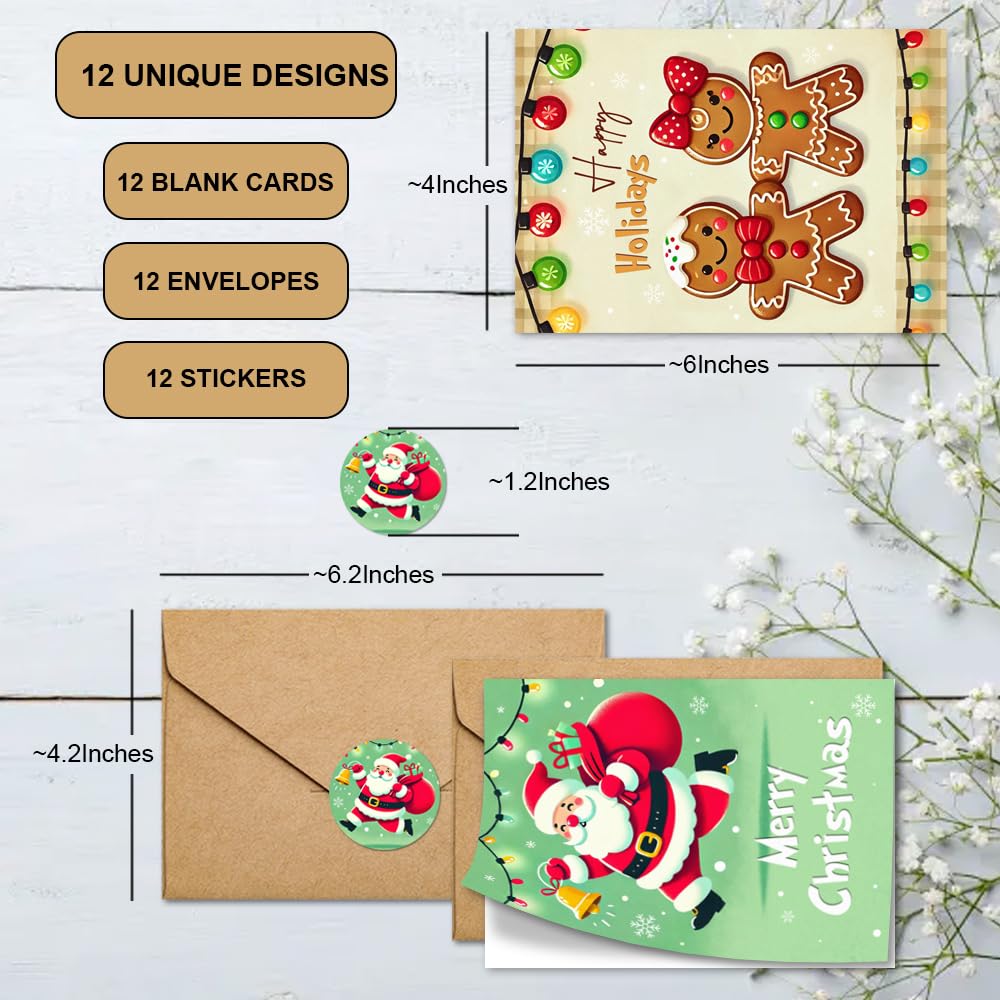 FALIMITLESS Christmas Cards Set β Cute Holiday Greeting Cards with Envelopes & Stickers β Funny Designs for Kids, Friends, Family β 12 Pack (Christmas Color) FALIMITLESS