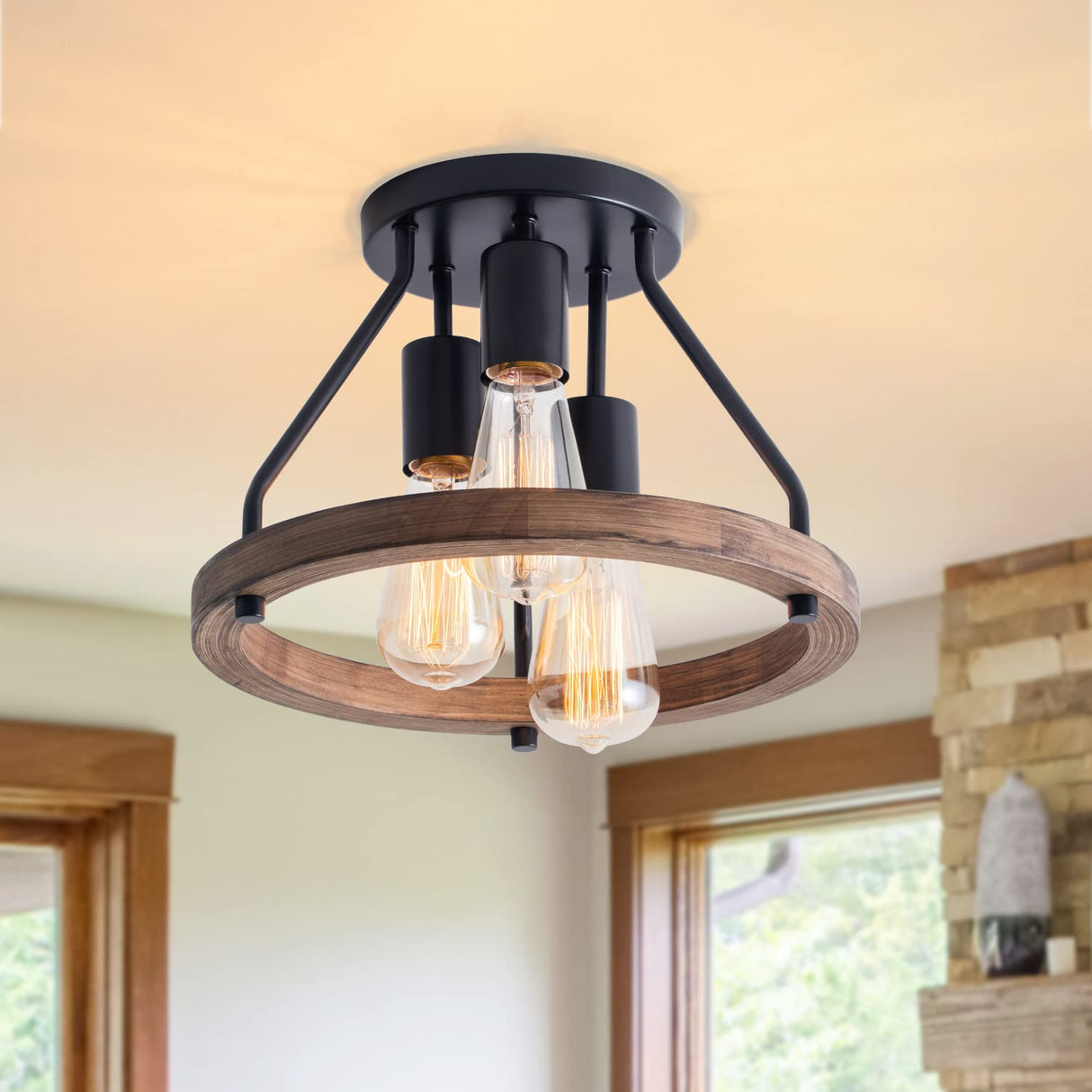 VILUXY Industrial Flush Mount Ceiling Light Fixture with Retro Wood Circle Shade for Hallway, Entryway, Bedroom, Balcony Passway 3-Light VILUXY