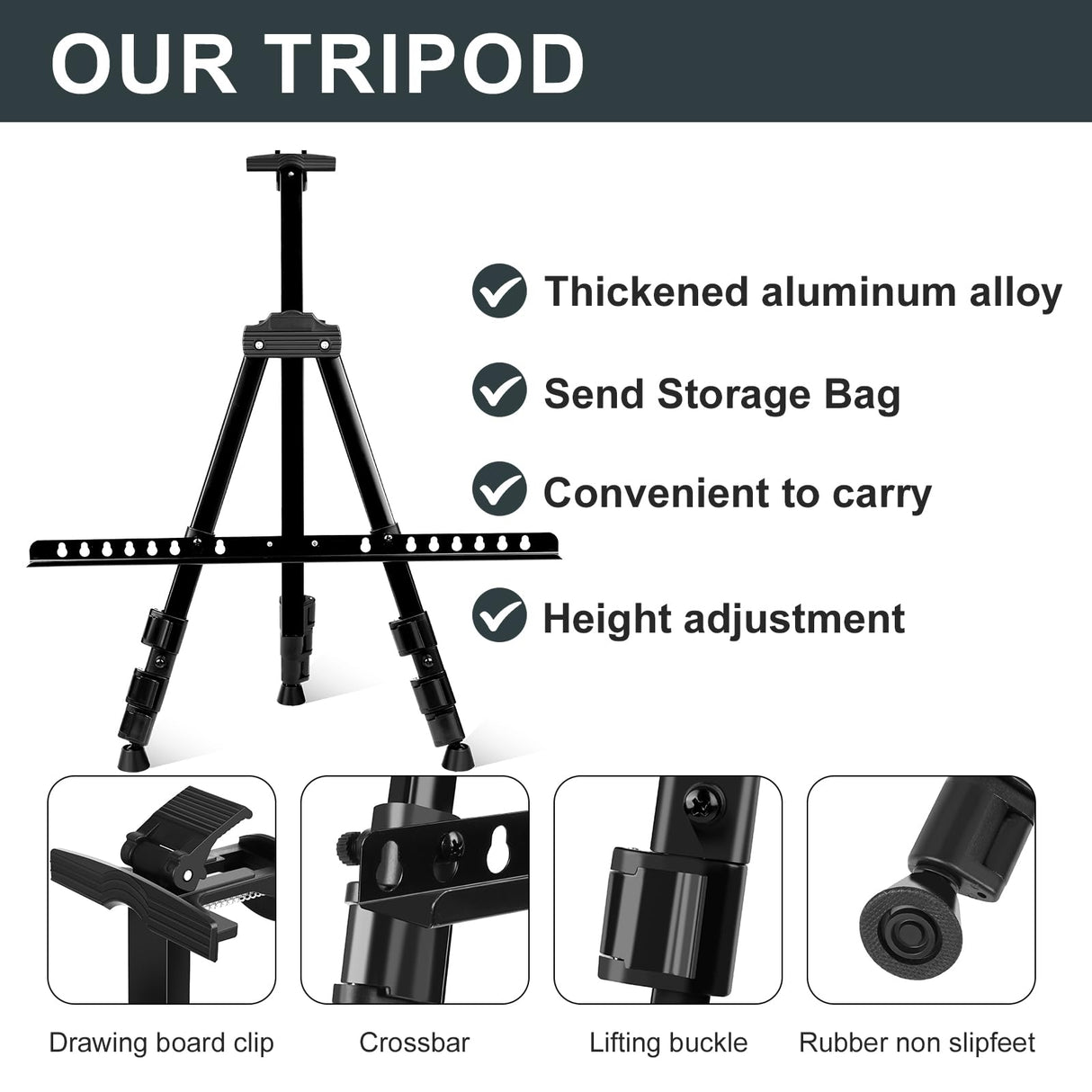 AROIC 1 Pack Art Painting Display Easel Stands,Portable Adjustable Aluminum Metal Tripod Artist Canvases Height from17 to 66 Inch Extra Sturdy forTable-Top/Floor Painting. Black with 1 Storage Bag AROIC