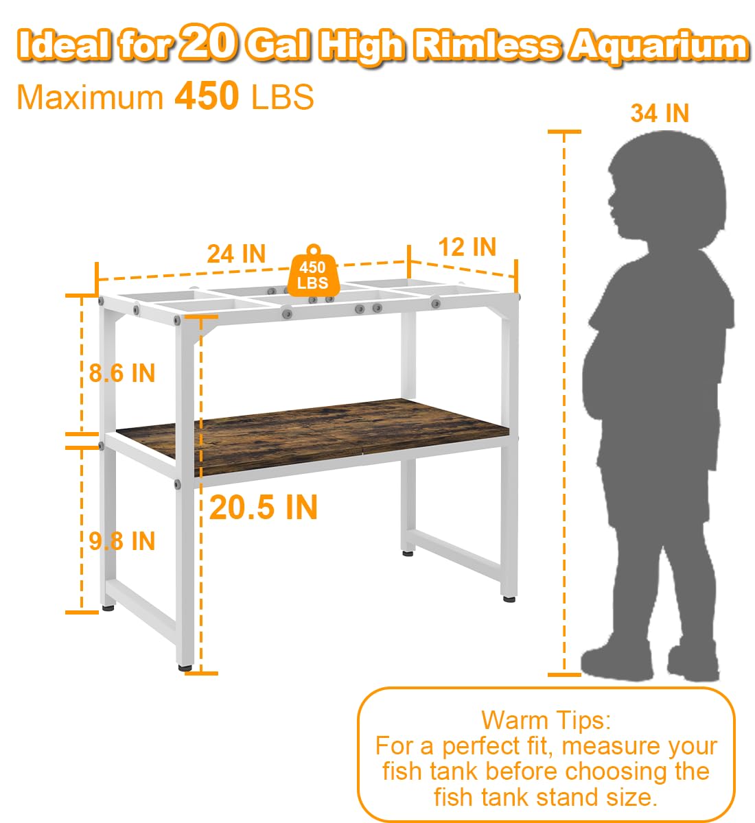 Mondazie 20 Gallon High Rimless Fish Tank Stand with Shelf for Storage, 2 Tiers Metal Aquarium Stand, Breeder Tank Turtle Reptile Terrariums Stand Rack for Home Office, 24" L x 12" W x 20.5" H, White Mondazie