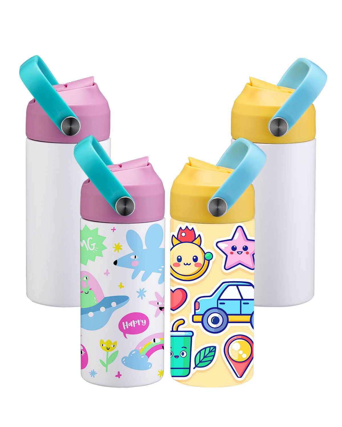 OFFNOVA 12oz Kids Sublimation Tumbler, 4 Pack Stainless Steel Sippy Cup Blank, Vacuum Insulated Water Bottle with Leak-Proof Straw Lid OFFNOVA