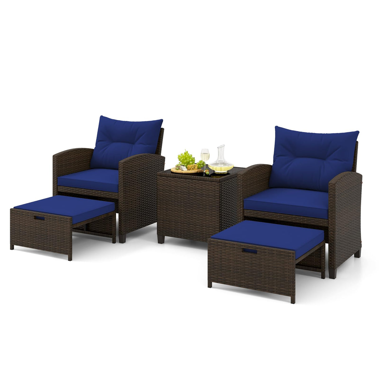 Tangkula 5 Piece Patio Rattan Furniture, Wicker Cushioned Chairs Set w/ 2 Ottomans & Tempered Glass Coffee Table, for Poolside, Backyard, Lawn, Deck (Mix Brown+Navy) Tangkula