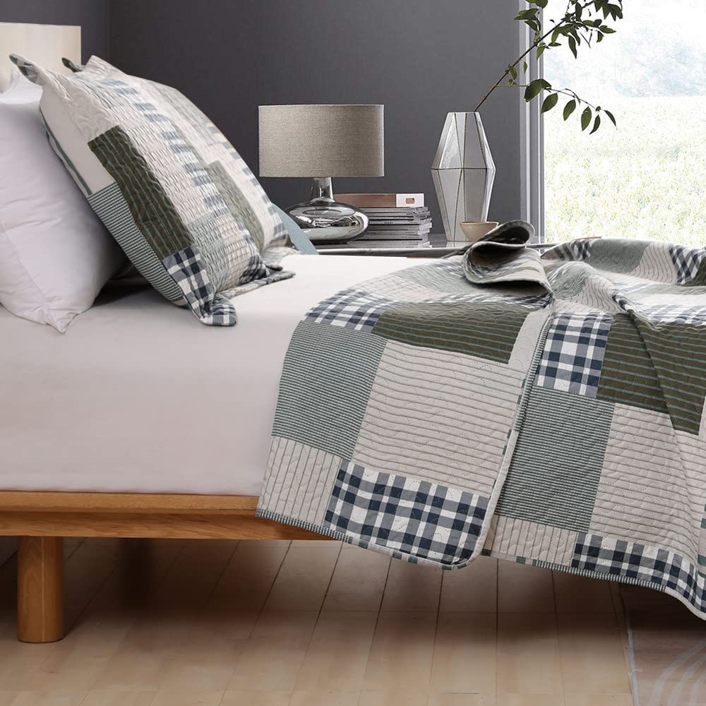 Jessy Home Bedspread Set Queen Size Quilt Set Bedding Lightweight Bedspread Plaid Patchwork Bedding Reversible Quilt Stripe Line Style Mens Quilts Coverlet Soft Breathable Bedspread Queen Bed Jessy Home