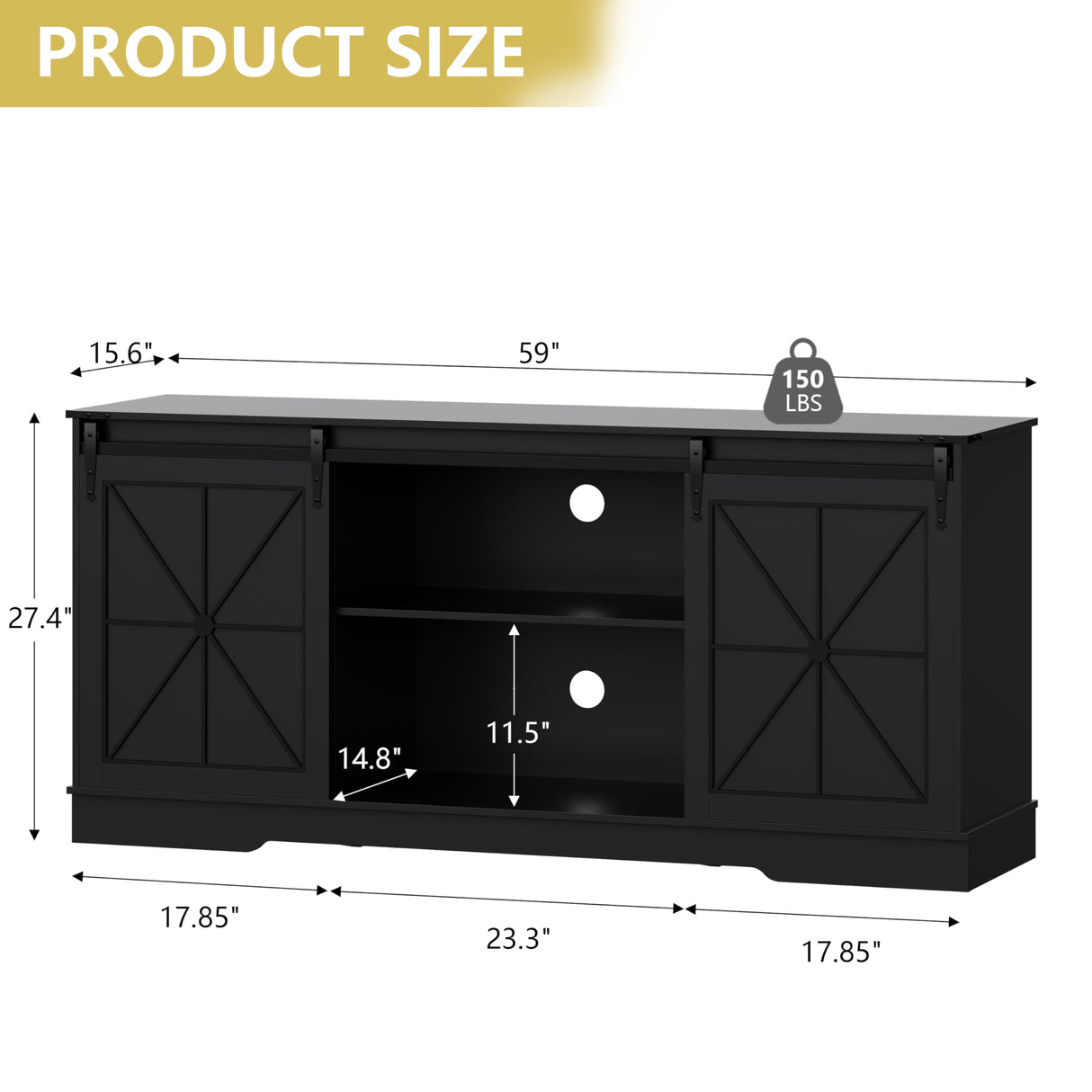 Farmhouse TV Stand for 65/60/55 Inch Tvs, Rustic Entertainment Center with Storage Cabinets & Sliding Barn Doors, Modern Media Console Table, Wood Television Furniture for Living Room, Bedroom, Black Xixini