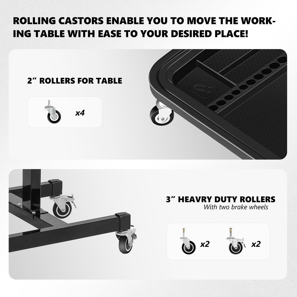 DNA MOTORING 2 in 1 Working Table - Adjustable Height 30.5'' to 47.2'', Rolling Part Tray with 4 Rollers, Portable Work Bench with 2 Brake Wheels, DNA MOTORING
