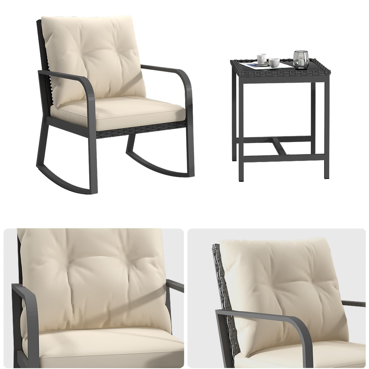 Temminkii Bistro 3 Piece Patio Furniture Set, Patio Table and Rattan Outdoor Rocking Chairs Set of 2, Outdoor Bistro Conversation Set for, Garden, Balcony, Poolside, Backyard, Beige Temminkii