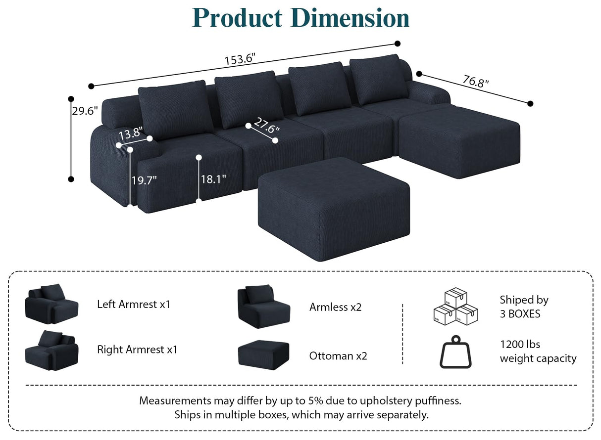 Kalafini 153" Boneless Couches for Living Room, Blue-Grey U-Shaped 6-Seat Sofa Modular Sectional Sofa, Plush Corduroy Sectional Couches, Convertible Oversized Sofa – No Assembly Required Kalafini