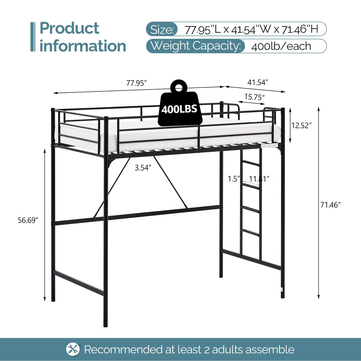 VINGLI Twin Loft Bed with Stairs - Sturdy Metal Bunk Bed with Safety Guard Rails in Black VINGLI