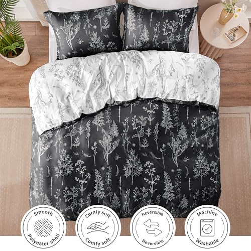 Love's cabin King Size Comforter Set Black - King Comforter Set, 3 Pieces Cute Floral Bedding Sets for All Seasons,1 Soft Reversible Botanical Flowers Comforter and 2 Pillow Shams Love's cabin