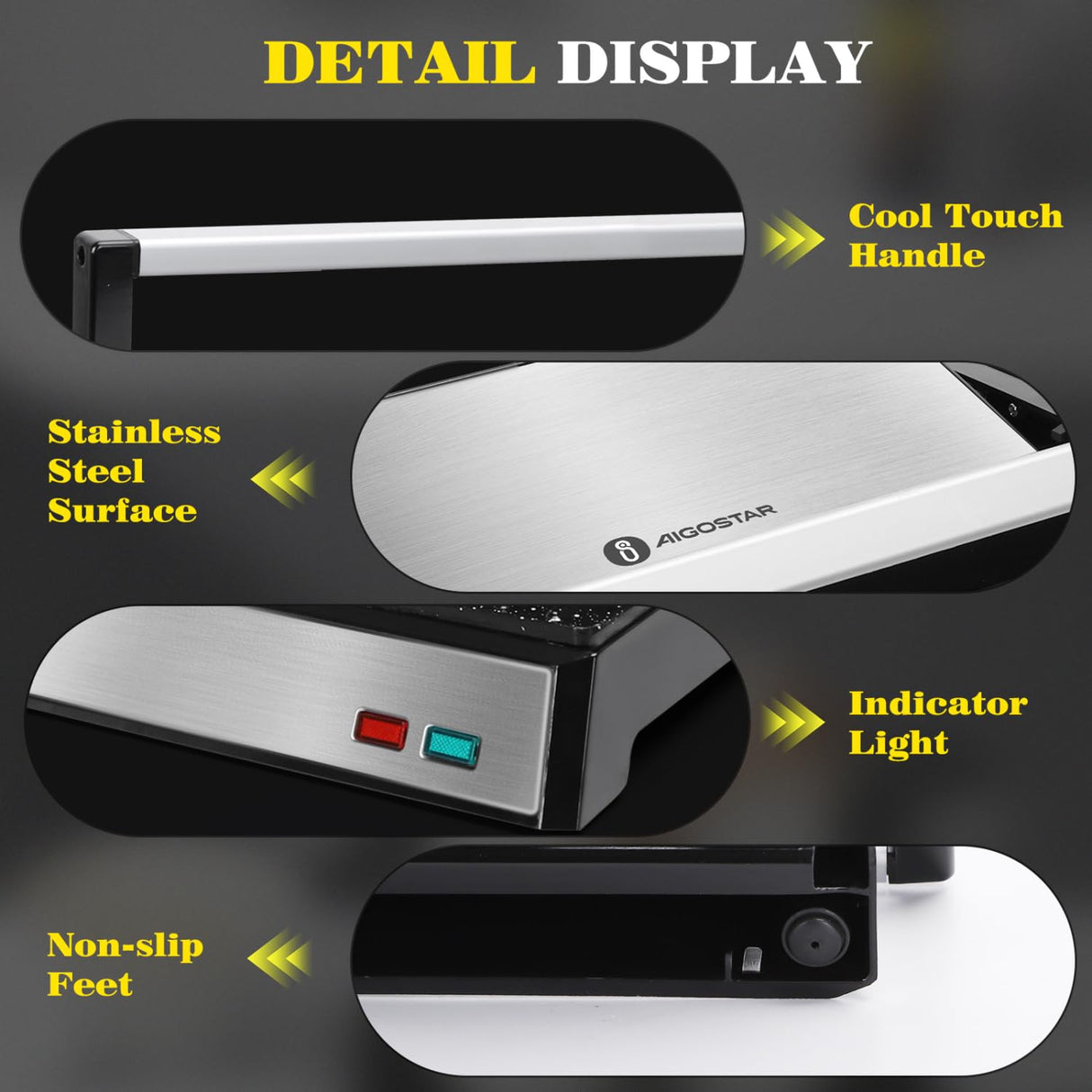 Aigostar Panini Press, 1200W Sandwich Maker and Electric Indoor Grill with Ceramic Non-Stick Coated Plates, Opens 180°to Fit Any Size of Food, Stainless Steel Surface & Removable Drip Tray, Silver Aigostar