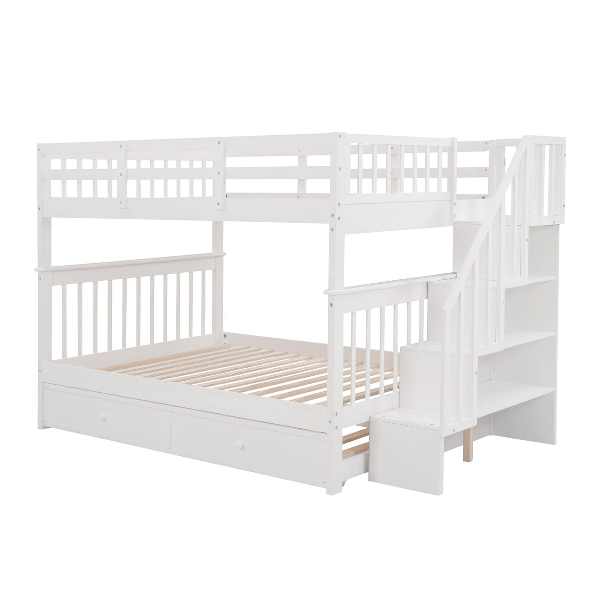 Harper & Bright Designs Full Over Full Bunk Beds with Twin Size Trundle and Stairs, Wood Bunk Bed with Storage Shelves and Guard Rail, Full Size Bunk Bed Frame for Kids, Teens, Adults (Full, White) Harper & Bright Designs