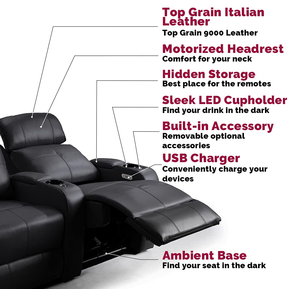 Valencia Verona Home Theater Seating | Premium Top Grain Italian 9000 Leather, Power Recliner, Power Headrest, LED Lighting (Row of 3 Loveseat Right, Black) VALENCIA THEATER SEATING