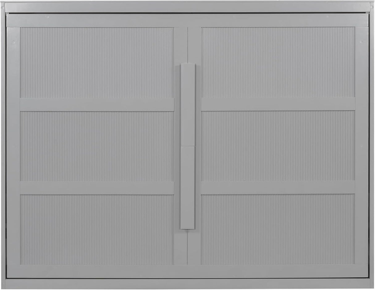 Virubi Queen Horizontal Fluted Murphy Bed with LED Lights,Wood Folding Hideaway Murphy Chest Bed for Adult Guest Room Living Room Bedroom (Grey) Virubi