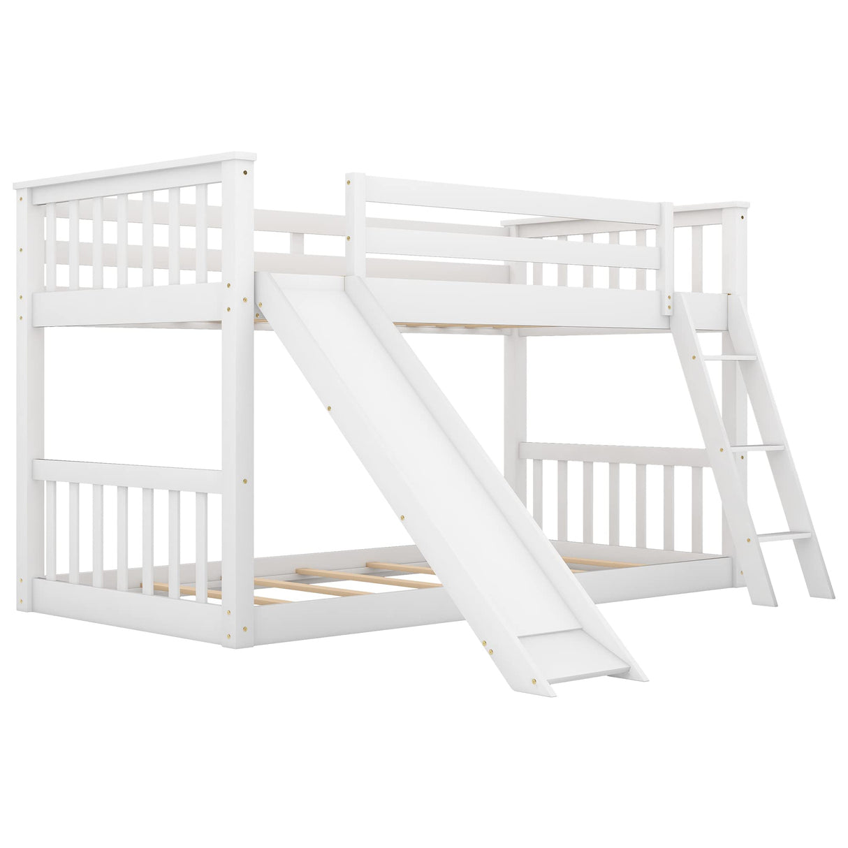 Bellemave Twin Over Twin Low Bunk Bed with Slide and Ladder, Low Bunk Bed for Kids, Girls, Boys, Floor bunk Bed, White Bellemave