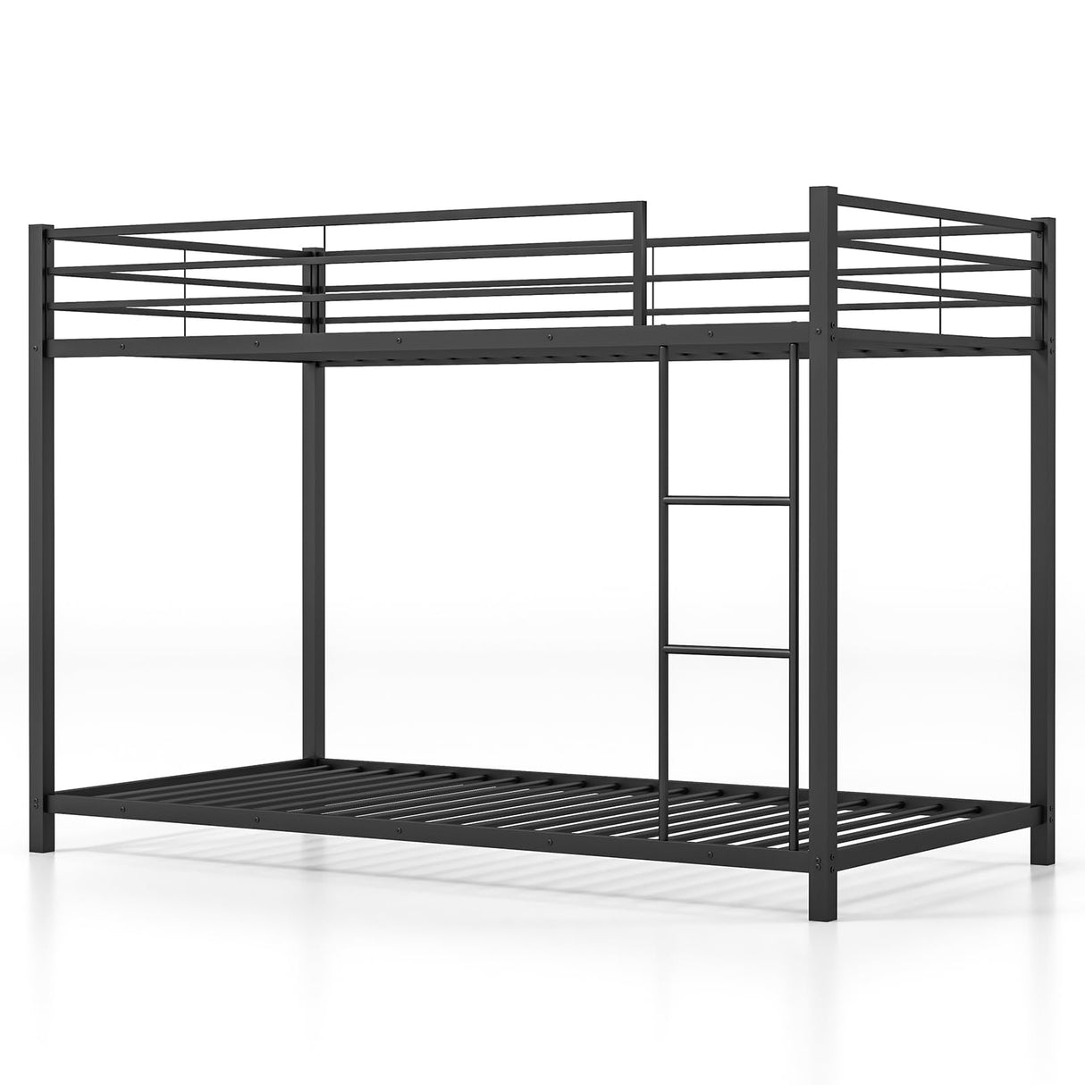KOMFOTT Metal Low Bunk Bed Twin Over Twin, Heavy Duty Bunk Bed Frame with Ladder & Full-Length Guardrails, Metal Slatted Floor Bed Frame for Teens & Adults, No Box Spring Needed (Black) KOMFOTT