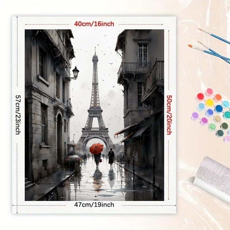 City Street Paint by Numbers Kit for Adults - DIY Eiffel Tower with Red Umbrella in Paris Painting on Canvas 16x20 Inches, Acrylic Paint Set, Suitable for Beginners,Travel Art for Decoration TAOPAOLAB