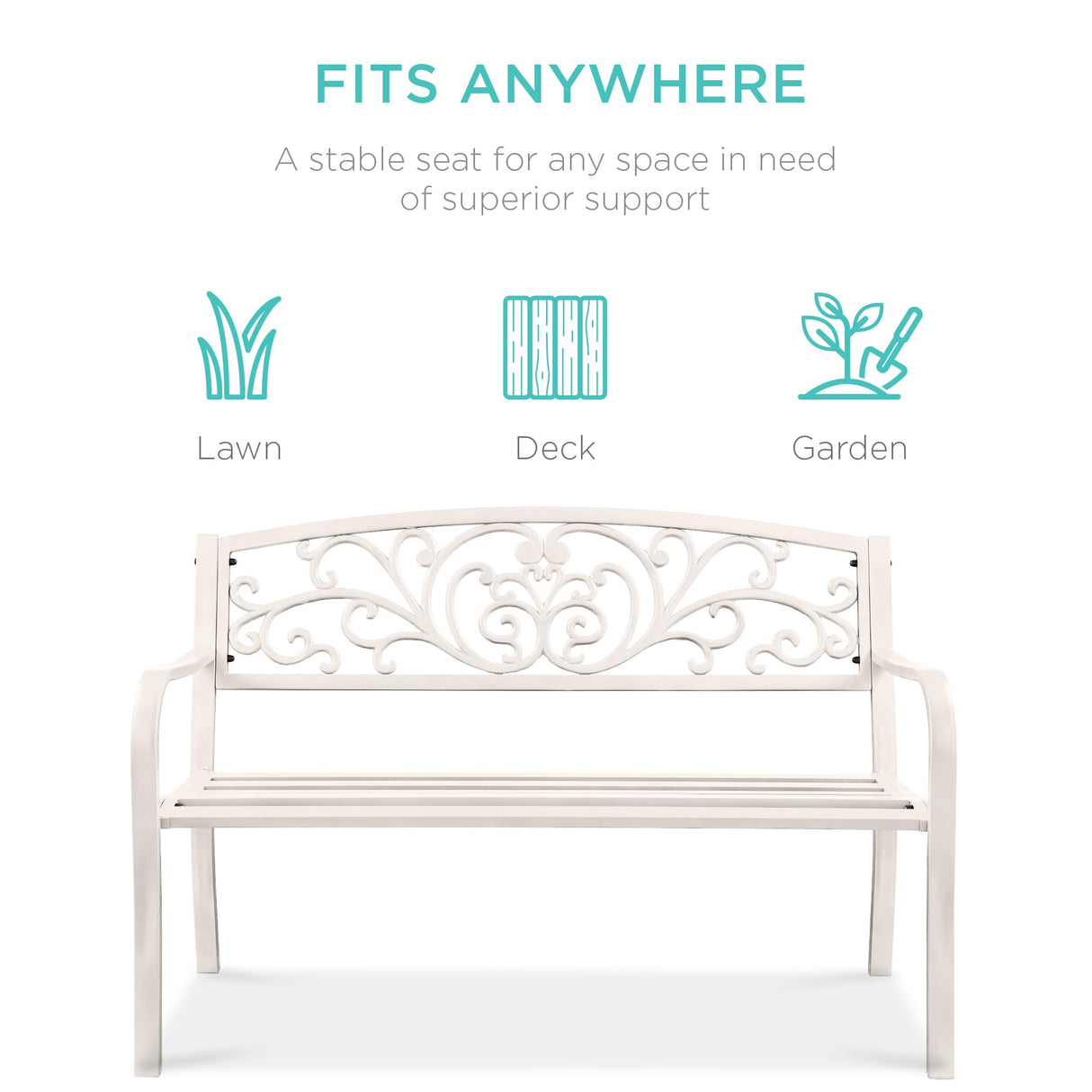 Best Choice Products Outdoor Bench Steel Garden Patio Porch Furniture for Lawn, Park, Deck w/Floral Design Backrest, Slatted Seat - White Best Choice Products