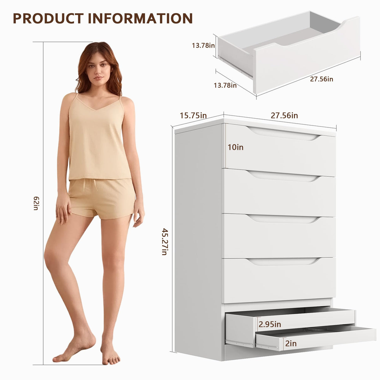 White Tall 5 Drawer Dresser for Bedroom with Hidden Storage Design, Large Modern Closet Dressers & Chests of Drawers with Cut-Out Handles, 27.6" L*15.8" W*45.3" H for Bedroom, Living Room, Nursery Jocoevol