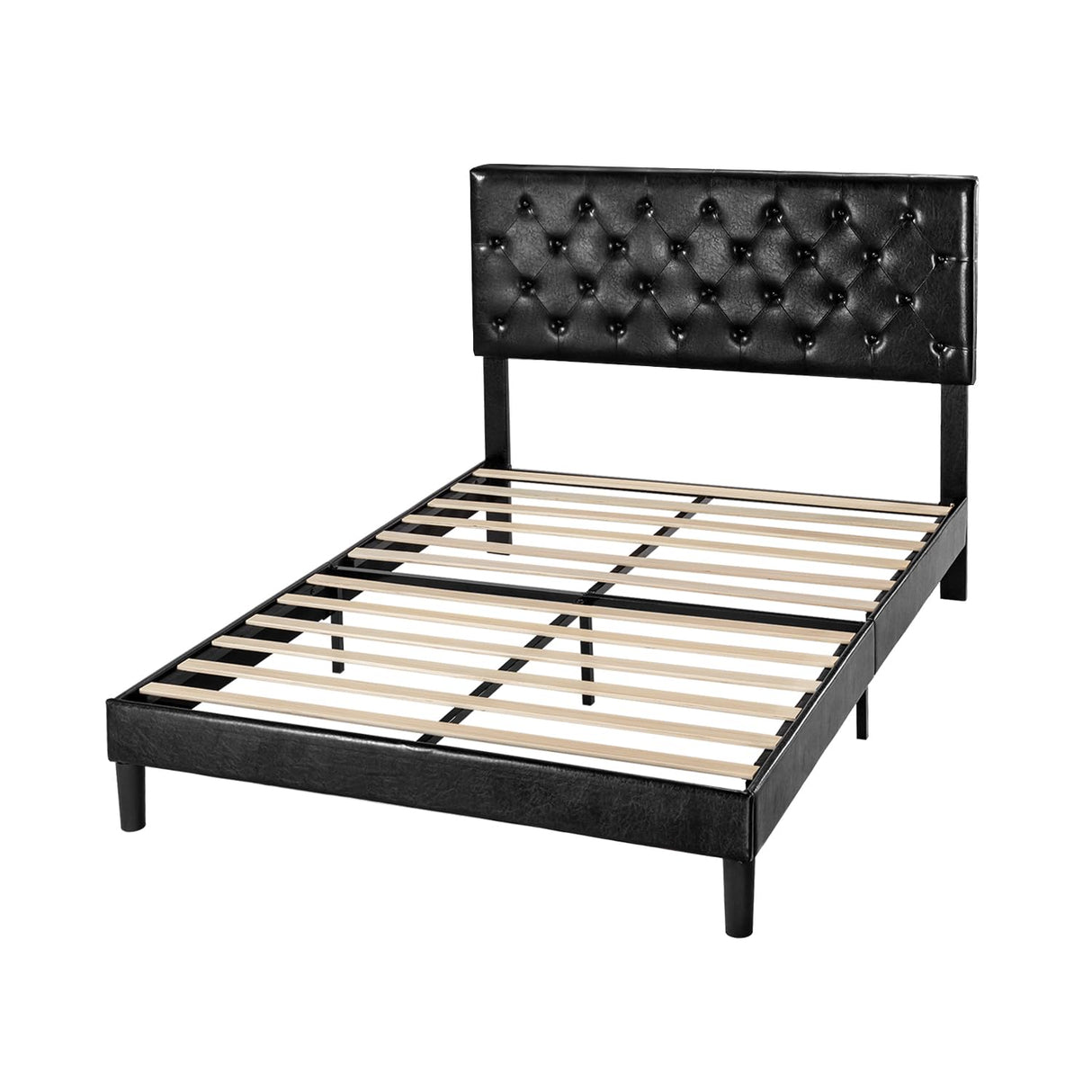 SHA CERLIN Full Size Platform Bed Frame with Button Tufted Headboard, Faux Leather Upholstered Mattress Foundation, Wooden Slat Support, No Box Spring Needed, Black SHA CERLIN