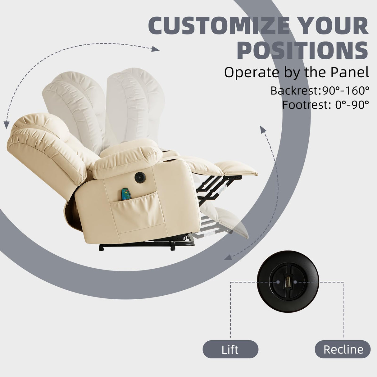 RESTREAL Power Lift Recliner Chair for Elderly, Electric Recliner Chairs for Adults with Massage and Heat, Cup Holders, Remote Control, USB Ports, Side Pockets, Leather (Beige) RESTREAL
