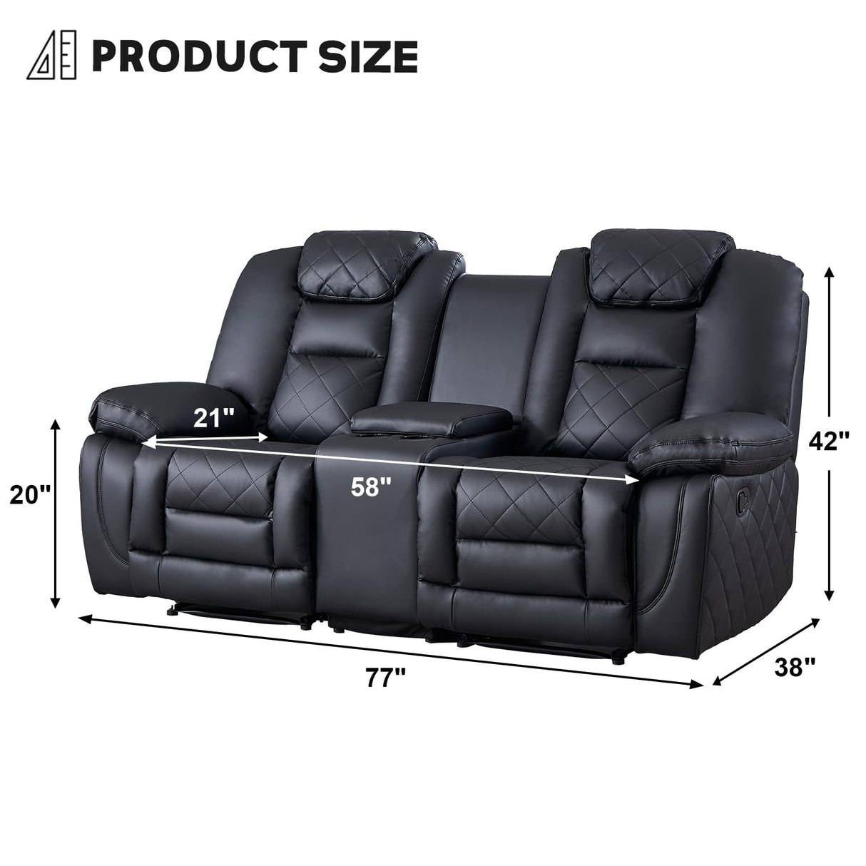 EBELLO Faux Leather Manual Loveseat Recliner Sofa, 2 Seat Reclining Couch Chair with Center Console, Hidden Storage and Cup Holders, Home Theater Seating for Living Room, Black (Loveseat) EBELLO