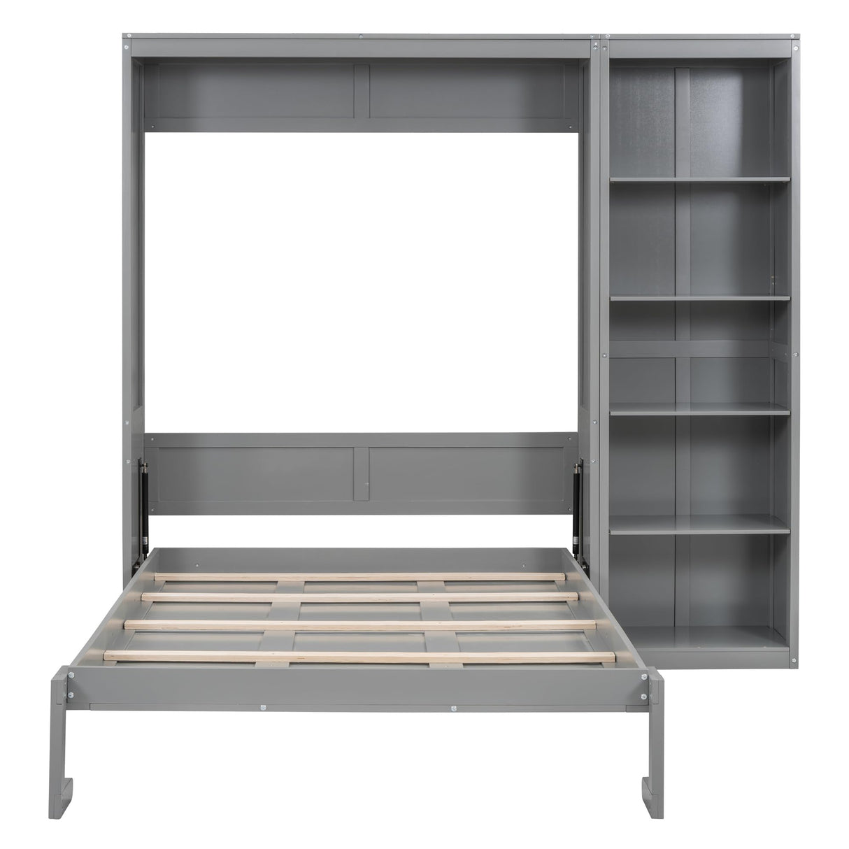 Merax Full Size Murphy Bed with Adujstable Storage Shelves, Fold into The Wall, Multifunctional Foldable Platform Wall Bed Frame, Space-Saving Design Bed for Guest-Room, Home, Office, Gray Merax