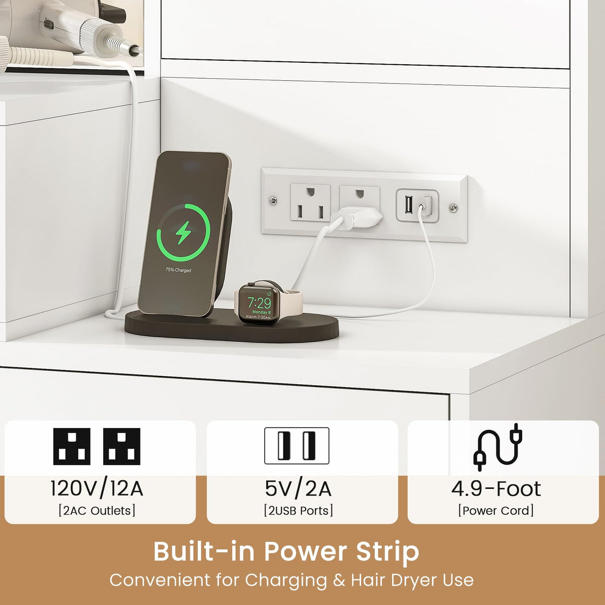 Quimoo 47" Vanity Desk with Sliding Lighted Mirror and Power Outlet, Makeup Vanity Desk with 5 Drawers and Cabinet, Hidden and Open Shelves, Vanity Table Set with 3 Color Lighting (White) Quimoo