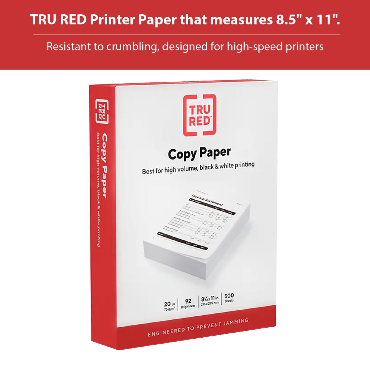 TRU RED Printer Paper, 8.5" x 11", Designed for High-Speed Printers, 92-Brightness, White Color (500 Sheets/Ream) TRU RED