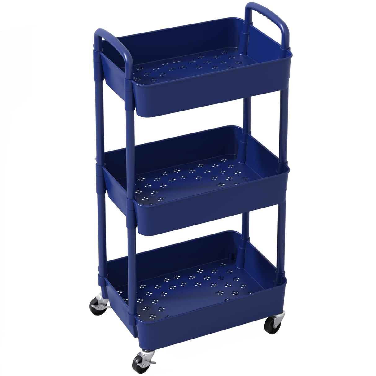 Sywhitta 3-Tier Plastic Rolling Utility Cart with Handle, Multi-Functional Storage Trolley for Office, Living Room, Kitchen, Movable Storage Organizer with Wheels, Blue Sywhitta