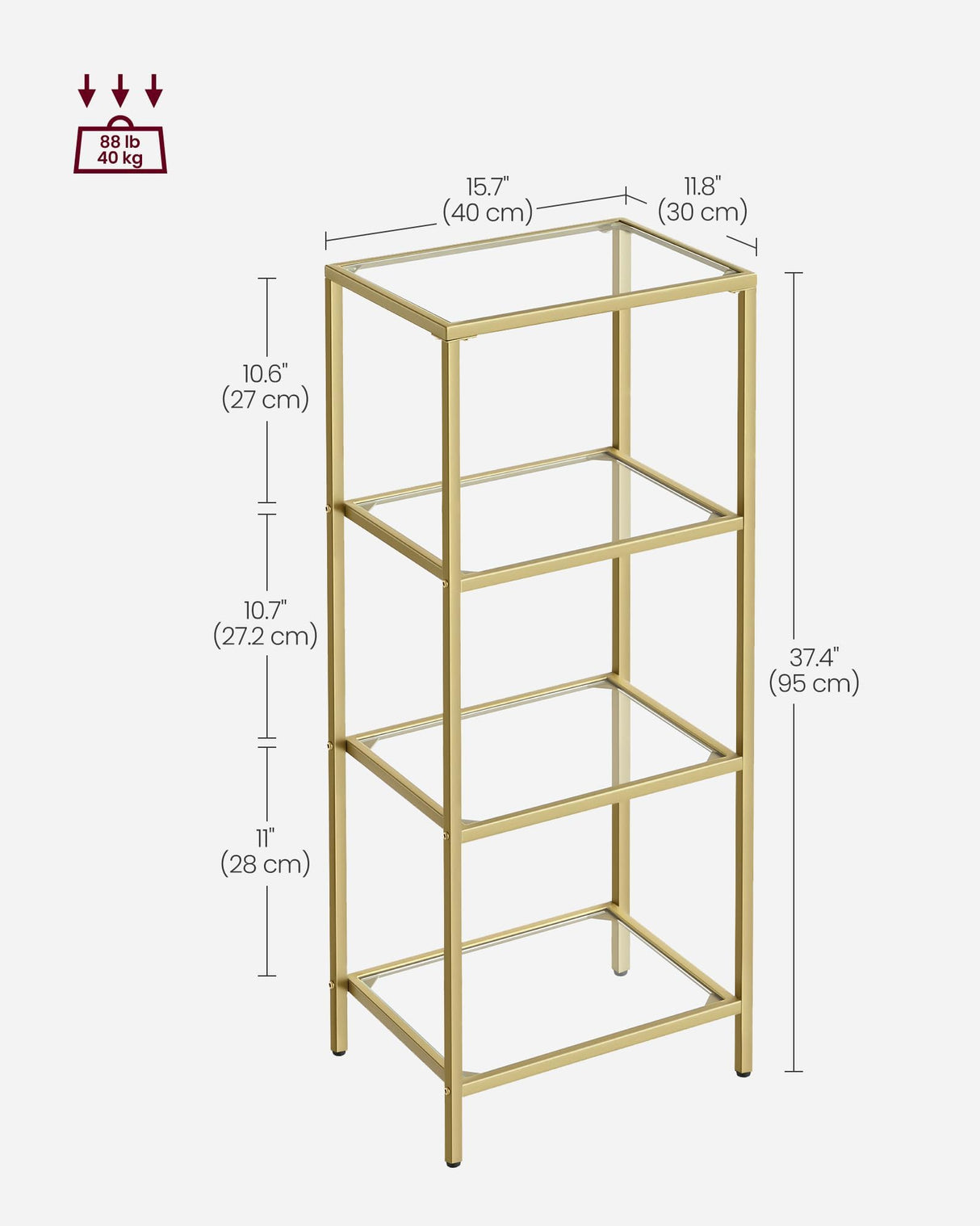 VASAGLE Bookcase, 4-Tier Bookshelf, Slim Shelving Unit for Bedroom, Bathroom, Home Office, Tempered Glass, Steel Frame, Metallic Gold ULGT28G VASAGLE