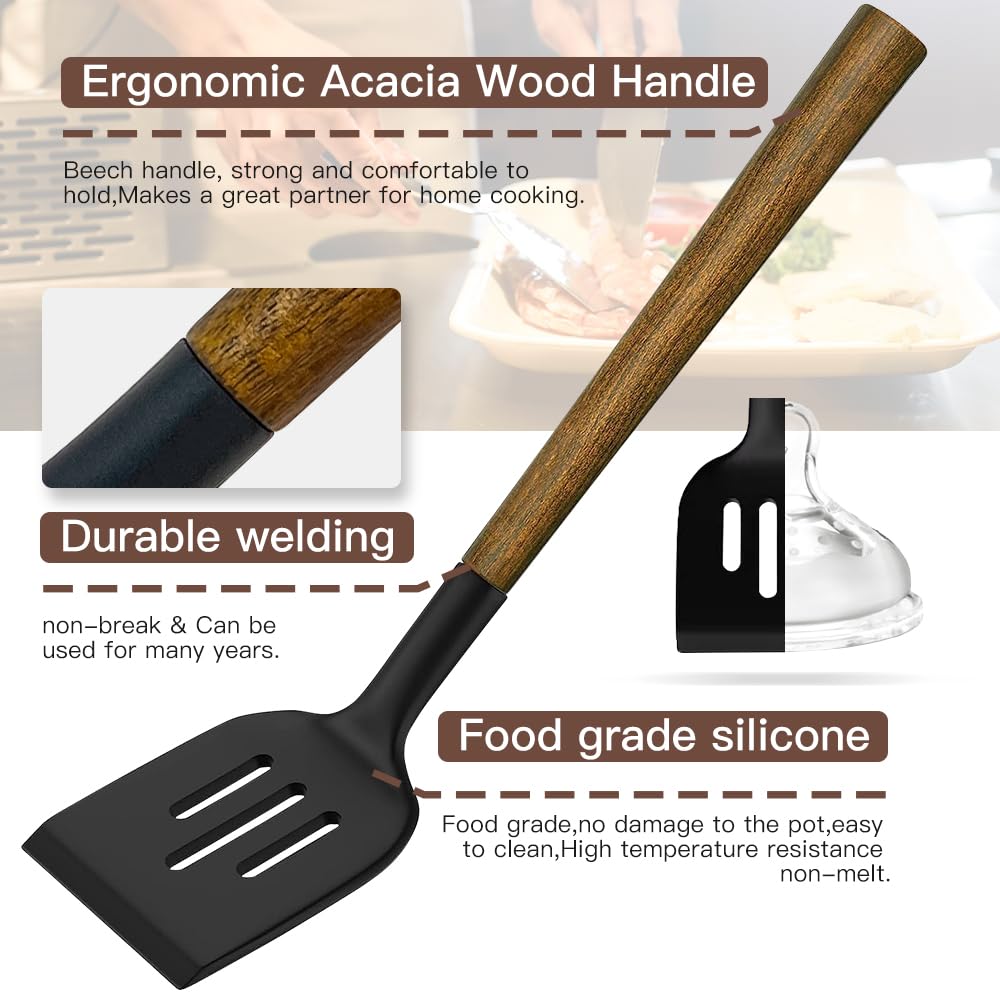 Kitchen Cooking Utensils Set-446°F Heat Resistant Silicone Kitchen Utensils for Cooking-34 Piece Kitchen Set with Natural Acacia Wooden Handles and Holder, BPA FREE for Non-Stick Cookware (Black) BESTZMWK