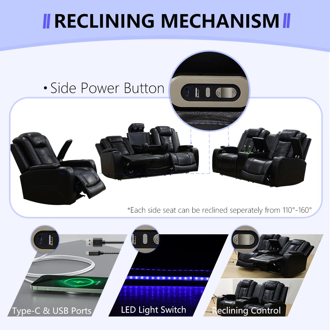 Anthato Leather Power Recliner Sofa Set, Living Room Furniture Sets, 2 Piece Reclining Sofa Set with LED, Black Recliner Furniture with Arm Storage/Cup Holders/Charging Ports for Home Theater/Office Anthato